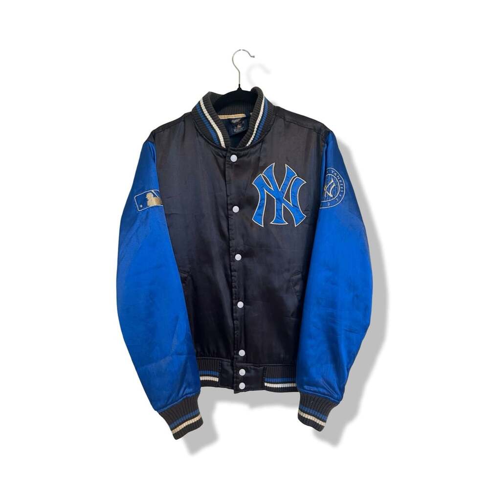 Majestic Cooperstown New York Yankees Varsity Jacket Size S Black Blue Satin